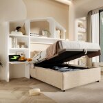 Okwish - lit coffre 90x190 cm, lit adulte avec biblioth�que blanche et prise usb, tissu en lin blanc, ...