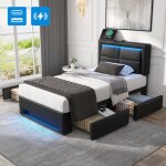 Lit 90x190 cm, lit adulte rembourr, 4 tiroirs, led, interface usb (sans fil et filaire), lit avec tiroirs, ...