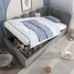 Lit coffre 90x190 cm, canap� - lit avec sommier � lattes m�talliques, tissu en velours gris, sans matelas ...