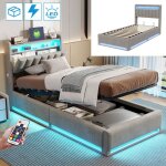 Lit coffre 90x190 cm, avec led, tête de lit de rangement, étagères, sommier à lattes en bois, cadre en ... Lit coffre 90x190 cm, avec led, tête de lit de rangement, étagères, sommier à lattes en bois, cadre en ...