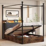 Lit coffre 90x190 cm multifonction en m�tal, 1 place, lit simple avec rangement hydraulique, baldaquin ...