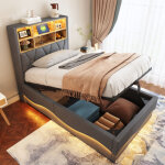 Lit coffre 90x200 cm, lit enfant avec bande lumineuse led, prise usb et sommier � lattes m�talliques, ...