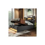 Lit coffre 90x200 cm, lit simple adulte, lit moelleux avec rangement, prise usb et �clairage led, tissu ...