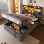 Lit coffre 90x200 cm, lit simple enfant, tte de lit avec rangement, led, sommier  lattes, ports usb ...