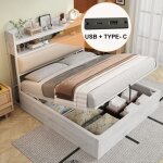 Lit coffre adulte 140x200cm, hydraulique, t�te de lit rembourr�e avec port usb, mdf, sans matelas, blanc ...