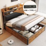 Lit coffre adulte 140x200cm, hydraulique, t�te de lit rembourr�e avec port usb, mdf, sans matelas, marron ...