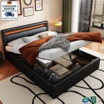 Modfu - lit coffre adulte 140x200cm, simili cuir, lit double led, sans matelas, noir