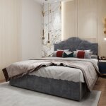 Lit coffre adulte 160�200 cm, lit double rembourr�, hydraulique, sommier � lattes, sans matelas, tissu, ...