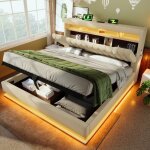 Lit coffre adulte 160�200cm, led, t�te de lit avec rangement, ports usb et type - c, sommier tapissier, ...