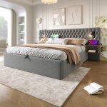 Lit coffre adulte 160x200 cm avec 2 tables de chevet, lampe de lecture et usb, sans matelas, sans fond, ...
