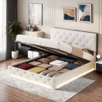 Lit coffre, lit adulte 160x200 cm, lit double avec rangement, lit flottant avec led, sommier  lattes, ...