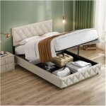 Lit coffre adulte 160x200 cm - t�te de lit capitonn�e couture bouton - sommier � lattes - beige - sans ...