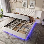 Lit coffre adulte 160x200 cm avec tte de lit large et lumire led, hydraulique, sommier  lattes, sans ...