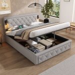 Lit coffre adulte 160x200 cm ? tissu lin gris ? led, usb ? lit double, sommier relevable hydraulique ... Lit coffre adulte 160x200 cm ? tissu lin gris ? led, usb ? lit double, sommier relevable hydraulique ...