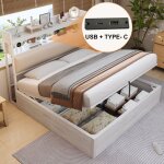Lit coffre adulte 180x200cm, hydraulique, t�te de lit rembourr�e avec port usb, mdf, sans matelas, blanc ...