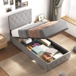 Lit coffre adulte 90x200 cm - t�te de lit capitonn�e couture bouton - sommier � lattes - gris - sans ...