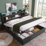 Wishdor - lit coffre lit adulte double 140 x 200 cm avec chargement usb et clairage led. gris. sans ...