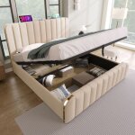 Lit coffre lit adulte double 140 x 200 cm avec fonction de chargement usb type - c, tissu en lin, beige, ...