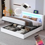 Lit coffre, lit adulte / enfant, led, lecteur bluetooth, usb, pu, lit double 160x200cm, sans matelas, ...