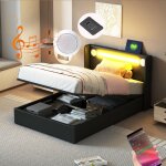 Lit coffre, lit adulte / enfant, led, lecteur bluetooth, usb, pu, lit simple 90x200cm, sans matelas, ...