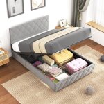 Lit coffre, lit adulte avec sommier � lattes, 140x200 cm, t�te de lit r�glable, gris, sans matelas