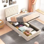 Lit coffre, lit adulte avec sommier � lattes, 90x200 cm, t�te de lit r�glable, beige, sans matelas