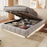 Lit coffre adulte en velours 140�200cm, lit double capitonn� led, sans matelas t�te de lit, beige