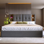 Lit coffre, cadre de lit rembourré 180x200 cm, avec recharge sans fil et port usb, en coton, lit 2 personnes ... Lit coffre, cadre de lit rembourré 180x200 cm, avec recharge sans fil et port usb, en coton, lit 2 personnes ...