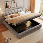 Lit coffre capitonn� 140 x 200 cm - lit double - velours - beige (matelas non inclus)
