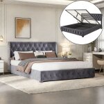 Lit coffre capitonn� 140x190 cm, avec hydraulique de rangement, sommier � lattes, cadre en m�tal, lit ...