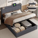 Lit coffre capitonn 140x200 en lin naturel gris - mcanisme hydraulique anti - poussire - tte de lit ...