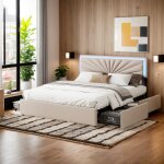 Lit coffre capitonn� 140x200cm avec tiroirs, lit 2 personnes led avec rangement, 4 tiroirs, cadre de ...