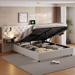 Lit coffre capitonn� 160x200 cm - sommier � lattes en bois massif, velours, avec liseuse, 2 tables de ...