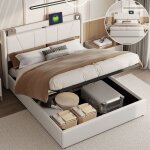 Lit coffre capitonn 160x200 en lin naturel beige - mcanisme hydraulique anti - poussire - tte de ...