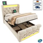 Lit coffre capitonn� 90x200cm - avec �clairage led - t�te de lit avec ports usb et type - c - lit coffre ...