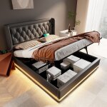 Wishdor - lit coffre capitonn double 140 x 200 cm avec fonction de chargement usb type - c et led, en ...