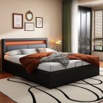 Lit coffre lit capitonn� double lit adulte 140 x 200 cm avec t�te de lit led et sommier � lattes, en ...