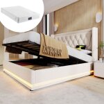 Lit coffre capitonné double 160 x 200 cm avec fonction de chargement usb type - c et led, en coton, beige, ... Lit coffre capitonné double 160 x 200 cm avec fonction de chargement usb type - c et led, en coton, beige, ...
