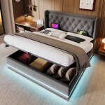 Wishdor - lit coffre capitonné double 160 x 200 cm avec fonction de chargement usb type - c et led, en ... Wishdor - lit coffre capitonné double 160 x 200 cm avec fonction de chargement usb type - c et led, en ...