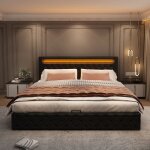 Lit coffre lit capitonn double 160 x 200 cm avec sommier  lattes clairage led, pu, noir, sans matelas ...