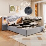 Lit coffre capitonn double 180 x 200 cm avec tte de lit intgre, port usb, 2 lampes de chevet, gris, ...