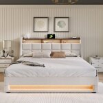 Wishdor - lit coffre capitonn double lit ados 140 x 200 cm avec usb et led, sommier en mtal, cadre ...