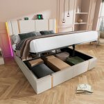 Lit coffre capitonn�, led, chargement usb type c, contr�le app, lit double 160 x 200 cm en bois, lin, ...
