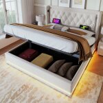 Lit coffre capitonn 160x200 cm, lit adulte hydraulique, usb type - c, led, coton, sans matelas, beige ...