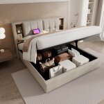 Lit coffre, avec chargement usb c, lit adulte, en bois, lit double 140 x 200 cm, lin, naturel, sans matelas ...