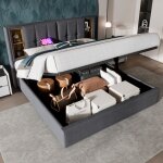 Lit coffre, avec chargement usb c, lit adulte, en bois, lit double 180 x 200 cm, coton, gris, sans matelas ...