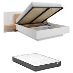 Lit coffre avec chevets 160 x 200 cm - 2 tiroirs - avec leds - coloris : blanc et naturel + matelas - ... Lit coffre avec chevets 160 x 200 cm - 2 tiroirs - avec leds - coloris : blanc et naturel + matelas - ...
