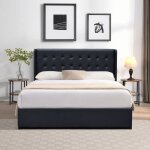 Lit coffre d�houssable noir 120x190cm avec t�te de lit capitonn�e - 12 lattes - montage rapide - rev�tement ...