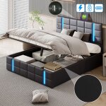 Lit coffre double 140x190 cm, avec barre lumineuse panneau acrylique d�poli, deux ports usb au chevet, ...