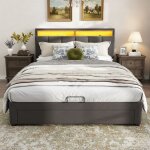 Lit coffre double 140x190 cm gris fonc� - t�te de lit avec rangement et �clairage led rgb - cadre de ...